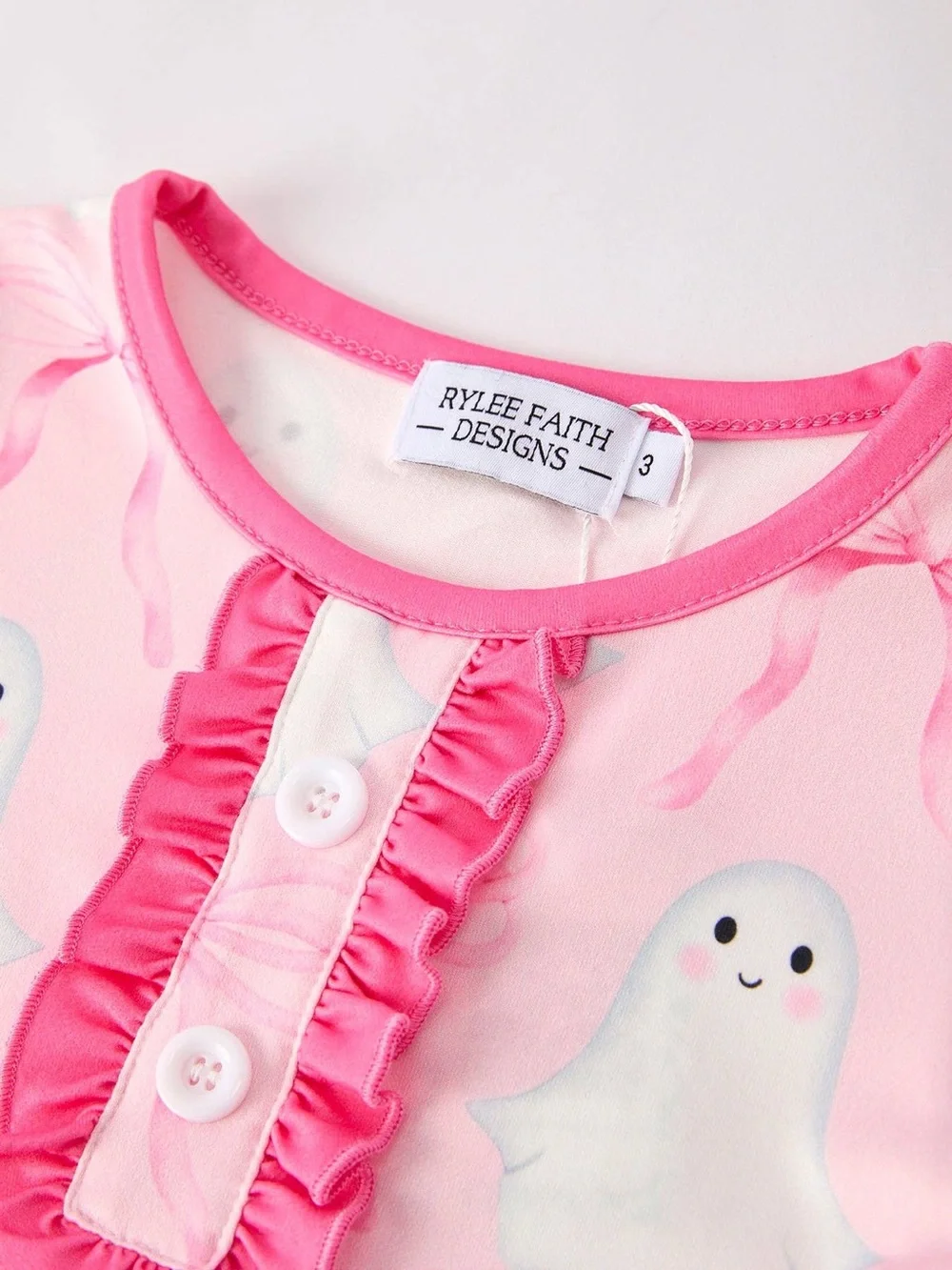 Rylee Faith Designs Girls Pink Ghost Print Ruffle Pajama Set 2 3 4 5 6 7
